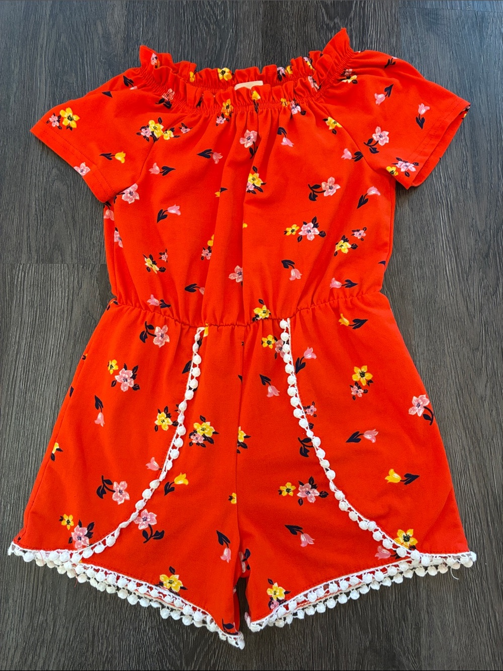 Shosho (6X) Girls' Orange Floral Pom-Trim Romper